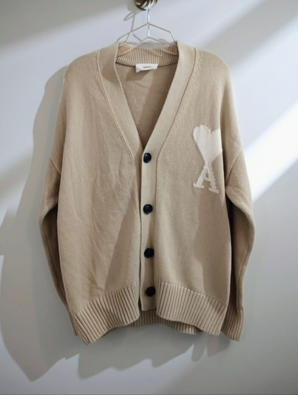 AMI Paris Beige Heart A Luxe Cotton Cardigan Sweater, L - Picture 3 of 12